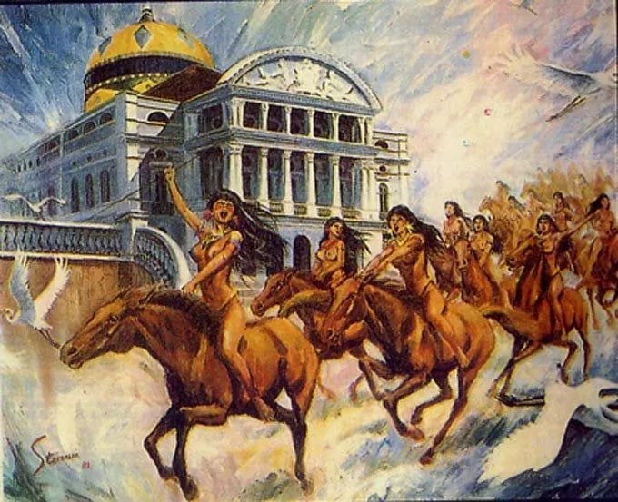 Peinture dynamique représentant un groupe de femmes guerrières nues, chevauchant des chevaux à vive allure devant le célèbre Teatro Amazonas à Manaus.