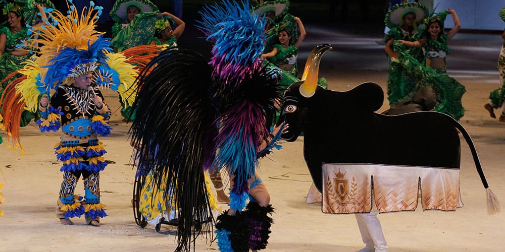  Un danseur en costume de taureau noir face à un personnage vêtu d’un imposant costume à plumes bleues.