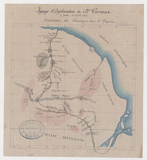 Carte ancienne représentant le parcours de l’explorateur Jules Crevaux lors de son expédition du 9 juillet au 31 novembre 1877 dans les Guyanes.