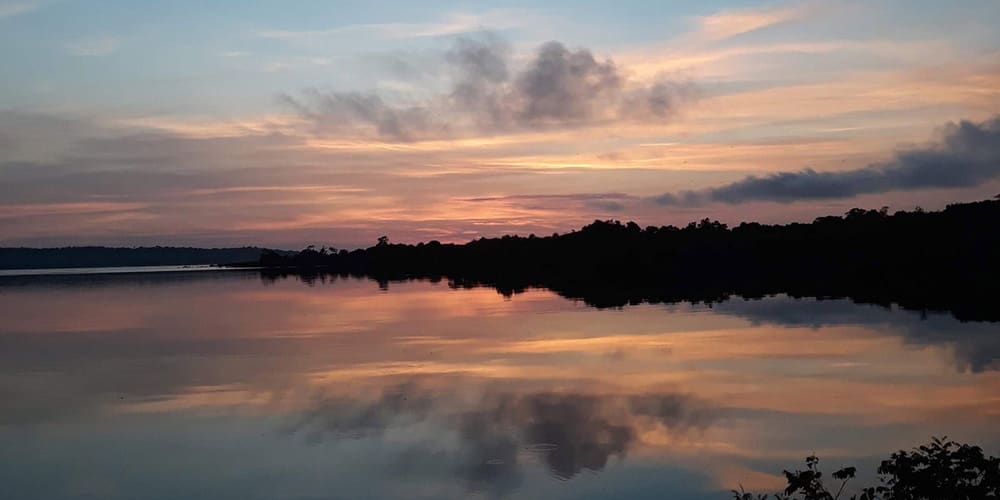Magnifique coucher de soleil aux teintes rosées et orangées sur un rio en Amazonie