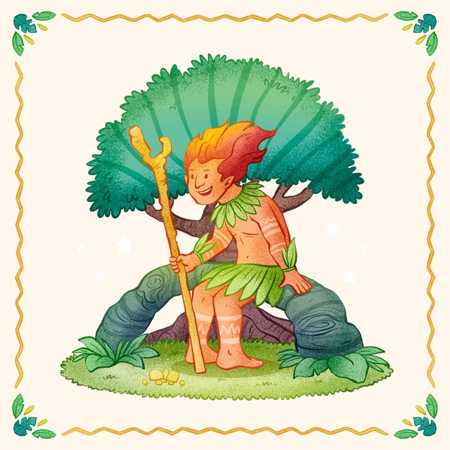 Illustration stylisée du Curupira, une créature mythologique amazonienne représentée ici sous une forme joyeuse et bienveillante.