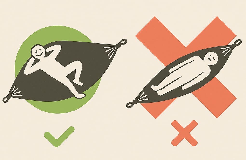 Illustration comparative montrant la bonne et la mauvaise manière de s’allonger dans un hamac. À gauche, un personnage souriant est allongé en diagonale, posture recommandée (cercle vert avec une coche). À droite, un personnage est allongé droit dans l’axe du hamac, posture inconfortable (croix rouge).