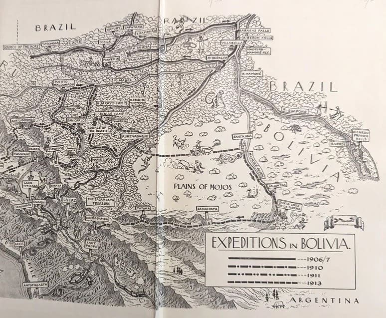 Carte ancienne en noir et blanc retraçant les itinéraires d'exploration du colonel Percy Fawcett en Bolivie entre 1906 et 1913, à la recherche de la légendaire cité perdue Z