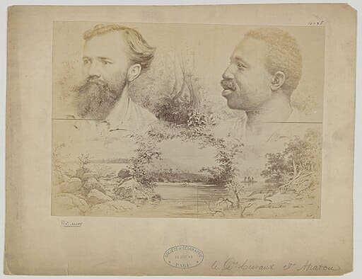 Dessin ancien représentant deux figures importantes de l’exploration de la Guyane : Jules Crevaux, médecin et explorateur français, à gauche, et Apatou, guide autochtone et chef amérindien, à droite.