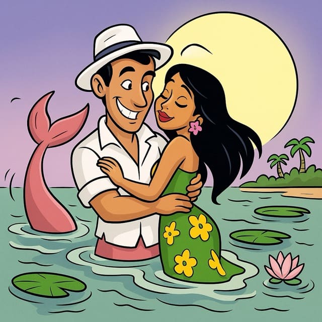 llustration joyeuse et romantique inspirée de la légende du Boto, le dauphin rose d’Amazonie. On y voit un homme séduisant en chemise blanche et chapeau, enlacé avec une femme souriante dans l’eau sous une pleine lune.