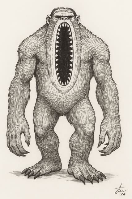 Illustration fantastique en noir et blanc d’une créature mythique appelée Mapinguari, provenant du folklore amazonien