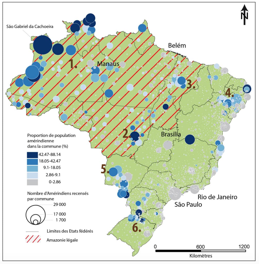 Carte du Brésil décrivant la présence améridienne