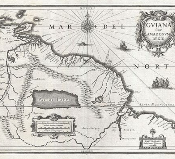 Carte historique en noir et blanc, publiée en 1897, représentant le cours inférieur du fleuve Orénoque et son delta