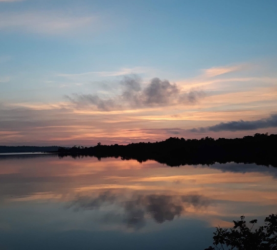 Magnifique coucher de soleil aux teintes rosées et orangées sur un rio en Amazonie.